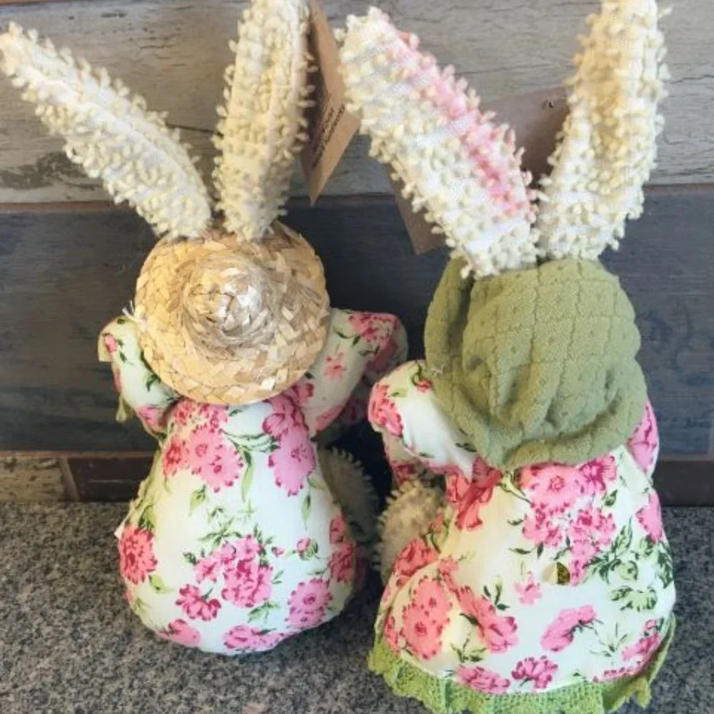 Shabby Chic Chenille Easter Bunny Rabbit Boy & Girl Plush Sitters NEW Lot of 2